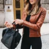 Womens Slim Fit Brown Leather Biker Jacket - Image 3