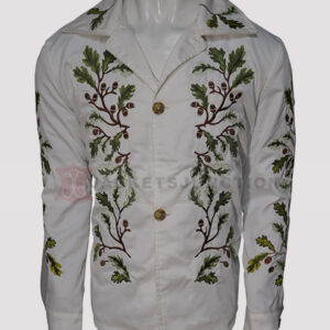 Saltburn Oliver Quick Green Leaf Embroidery White Jacket
