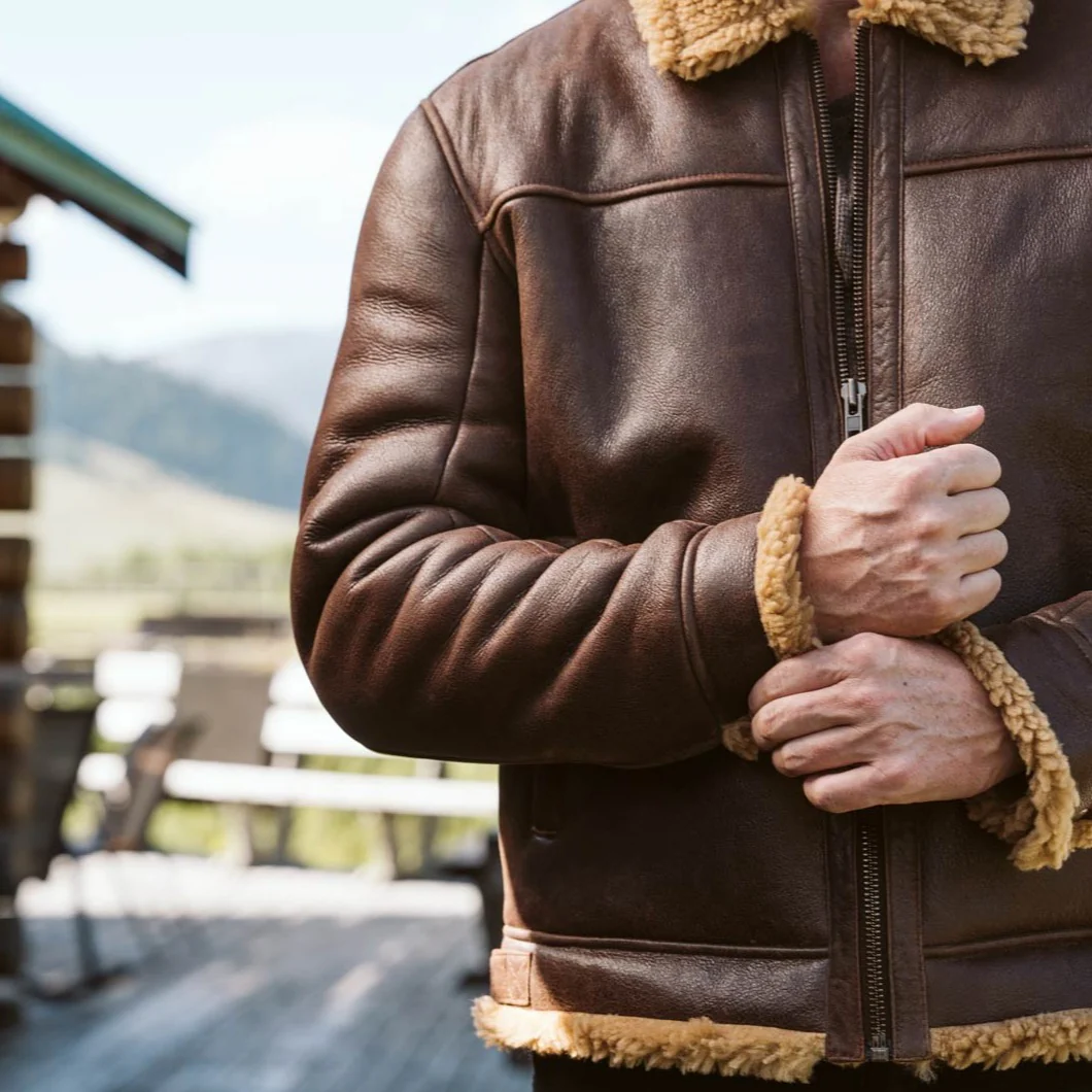 Mens Shearling Brown Bomber Leather Jacket