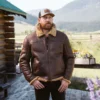 Mens Brown Shearling Bomber Jacket - Image 7