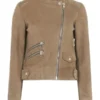 Women's Collarless Khaki Suede Leather Jacket