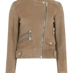 Women's Collarless Khaki Suede Leather Jacket