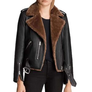Women's Brown Leather Motorcycle Shearling Jacket