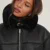 Womens Sheepskin Long Collar Black Leather Jacket