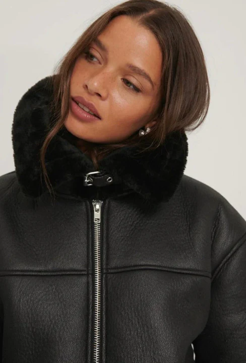 Womens Sheepskin Long Collar Black Leather Jacket