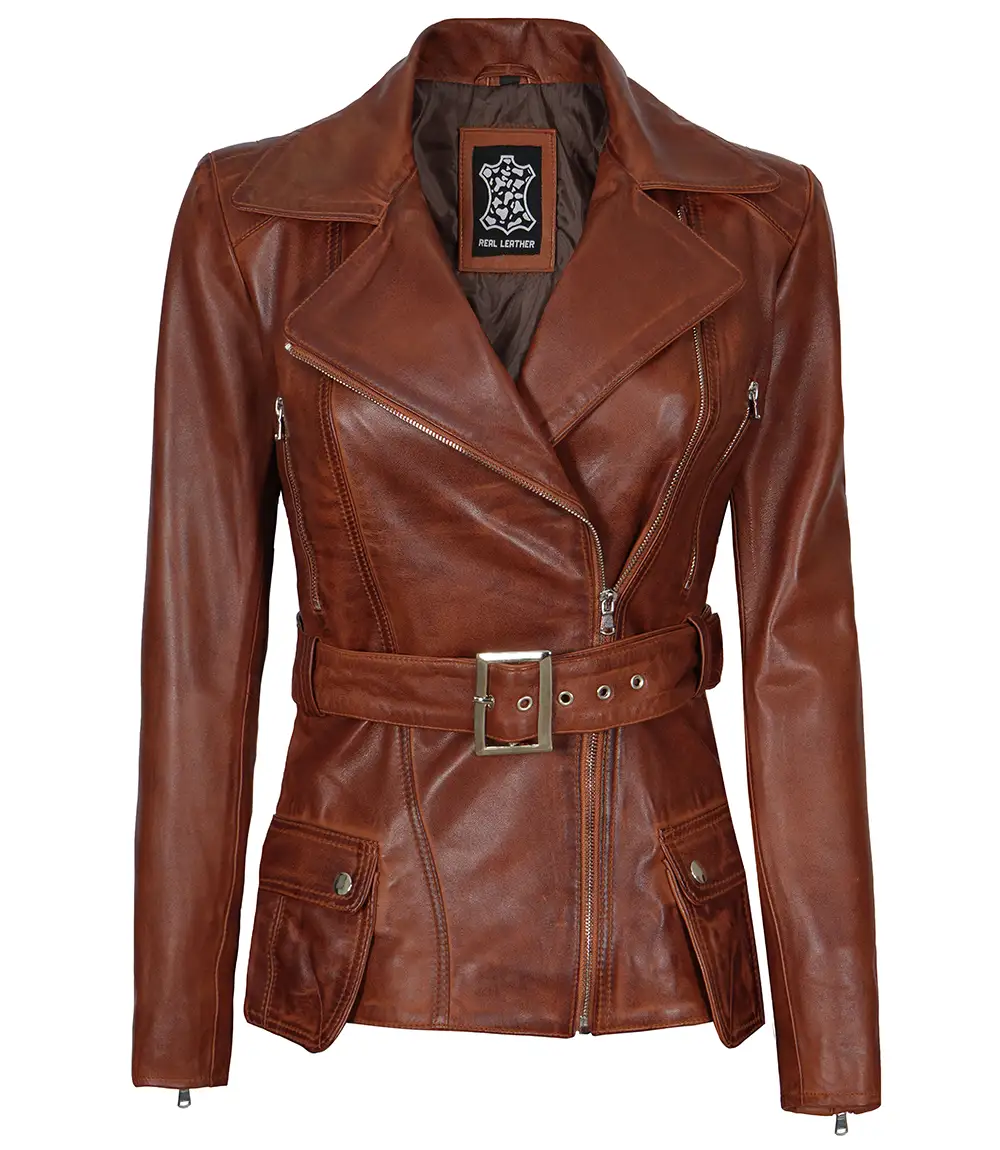 Womens Fashion Designer Waxed Leather Jacket Brown