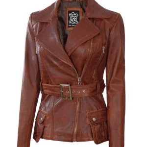 Womens Fashion Designer Waxed Leather Jacket Brown