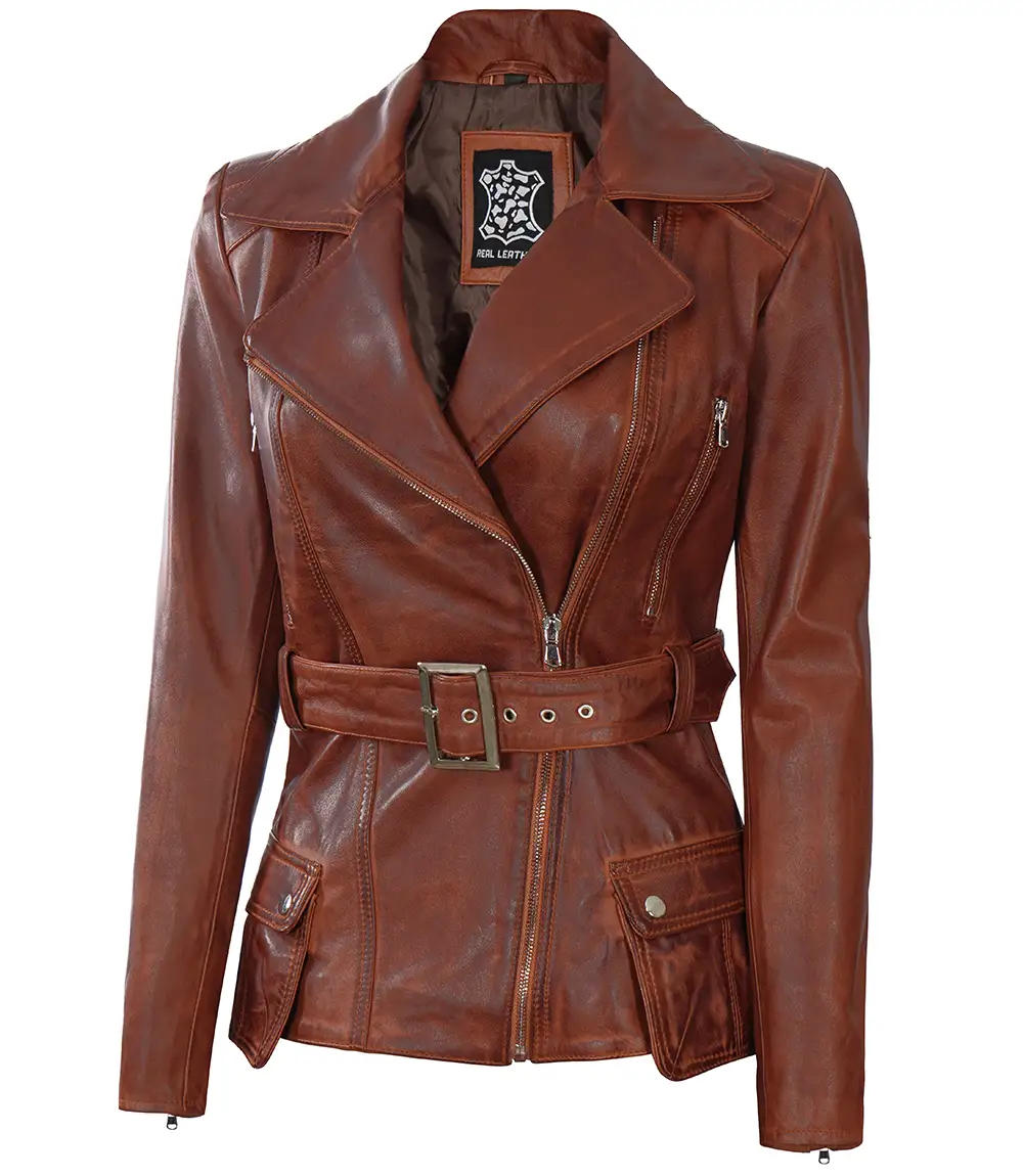 Womens Fashion Designer Waxed Leather Jacket Brown