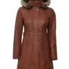 Women's Brown Leather Shearling Hooded Coat