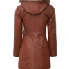 Women's Brown Leather Shearling Hooded Coat - Image 2
