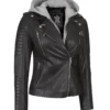 Women's Fur Hooded Black Leather Jacket - Image 3