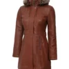 Women's Brown Leather Shearling Hooded Coat
