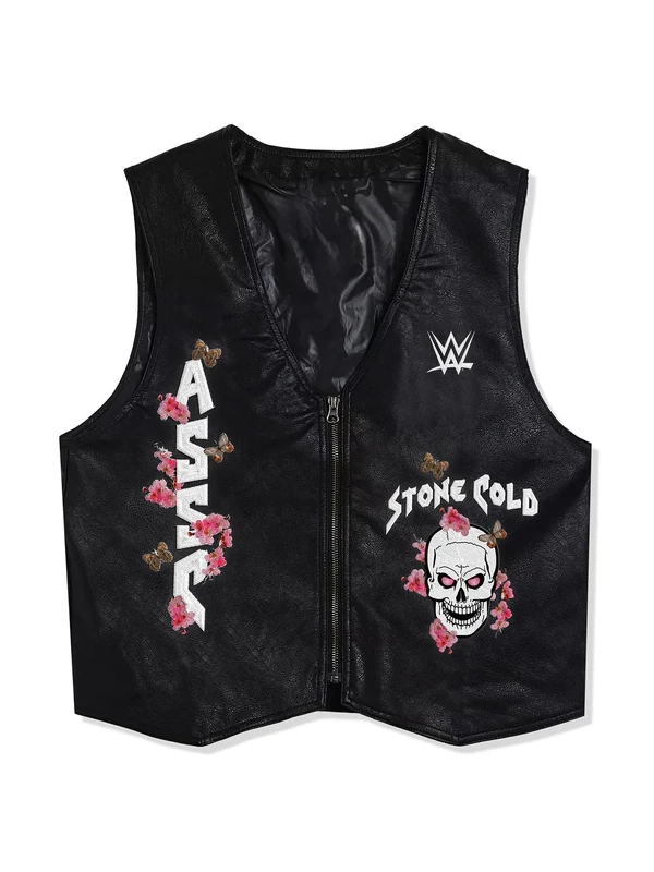 ASSC x WWE Stone Cold Embroidered Vest | Black Leather Vest