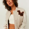 TW Colorblock Beige Crop Varsity Jacket