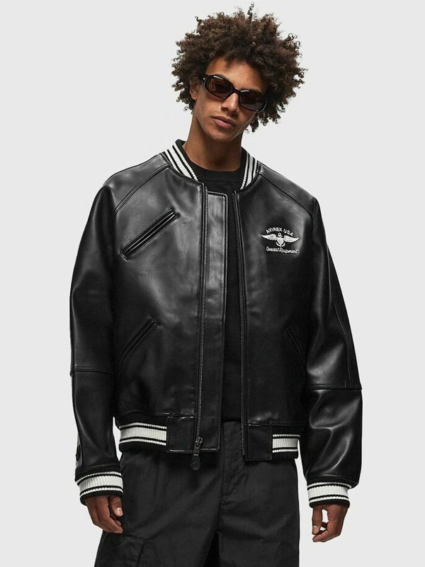 Avirex Stadium Leather Jacket Black - Jackets Junction
