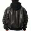 Oversized Black Leather Hooded Bomber Jacket