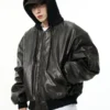 Oversized Faux Leather Black Bomber Jacket with Hood