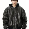 Oversized Faux Leather Bomber Jacket with Hood