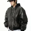 Oversized Faux Leather Hooded Bomber Jacket Black