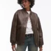 Womens Brown Faux Leather Oversized Bomber Jacket