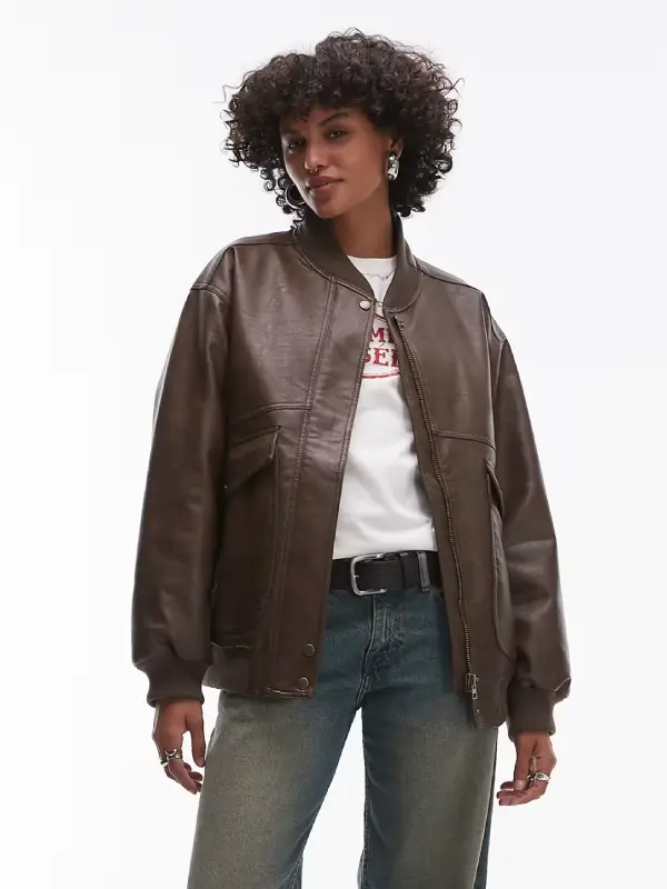 Women's Brown Faux Leather Oversized Bomber Jacket – Wild Fable