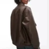 Womens Faux Leather Brown Oversized Bomber Jacket