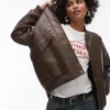 Womens Faux Leather Oversized Bomber Jacket Brown