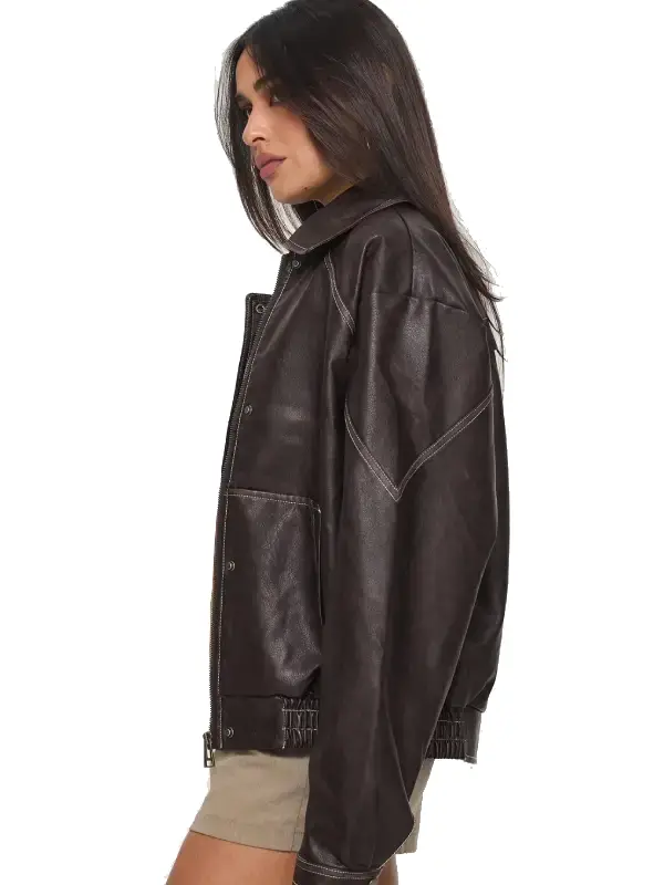 Women's Jaxton Faux Brown Oversized Leather Jacket