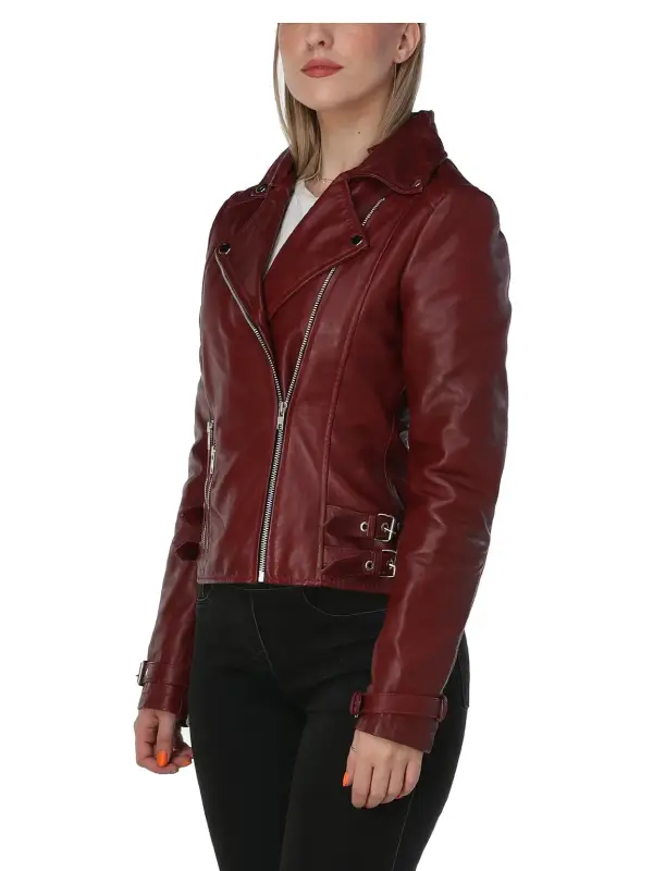 Burgundy Asymmetric Zipper Leather Jacket