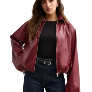 Burgundy Leather Bubble Hem Bomber Jacket