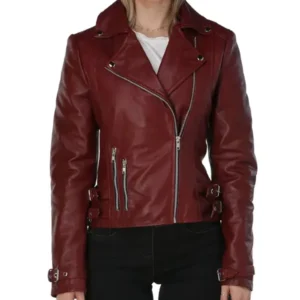 Burgundy Leather Jacket with Asymmetric Zipper