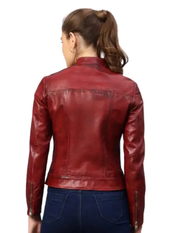 Burgundy Leather Women Cafe Racer Biker Jacket