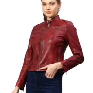 Burgundy Leather Women Cafe Racer Jacket
