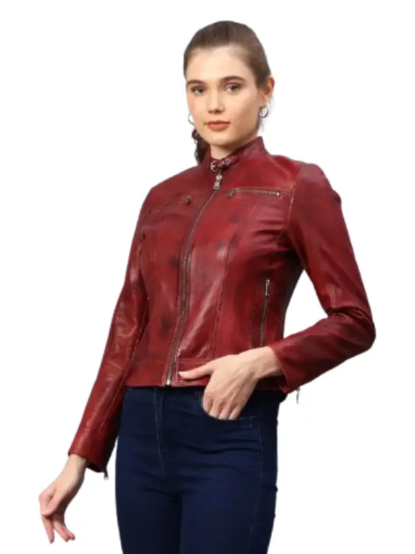 Burgundy Leather Women Cafe Racer Jacket