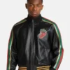 Gucci Black Leather Bomber Strawberry Patch Track Jacket