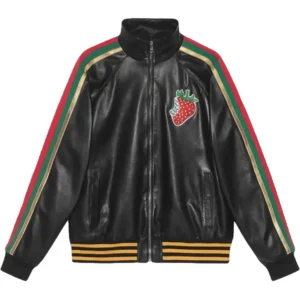Gucci Black Leather Strawberry Patch Track Jacket