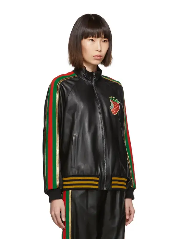Gucci Strawberry Patch Black Leather Jacket