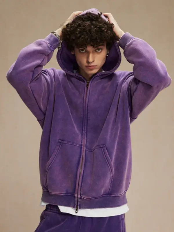 Inflation Washed Distressed Fleece Zip Up Hoodies Purple