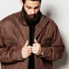 Mens Brown Oversized Leather Bomber Jacket