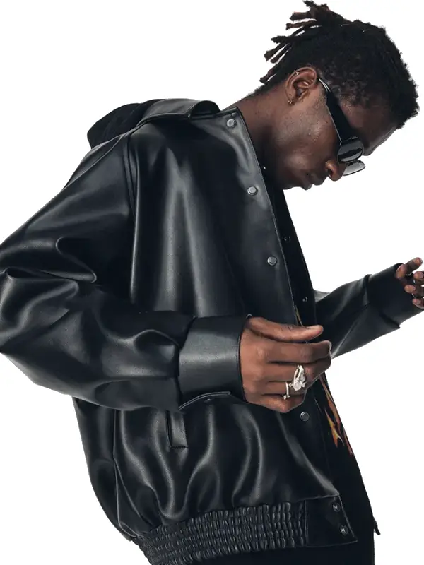 Mens Raglan Sleeve Oversized Black Leather Jacket