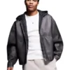 Mens Washed Black Hooded Oversized Leather Jacket