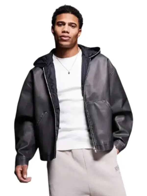 Mens Washed Black Hooded Oversized Leather Jacket