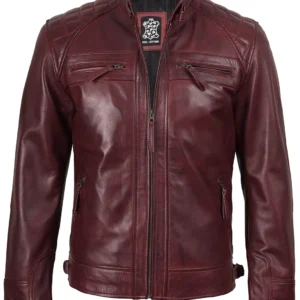 Vintage Effect Burgundy Leather Jacket