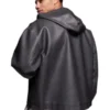 Oversized Faux Leather Jacket with Hood in Washed Black