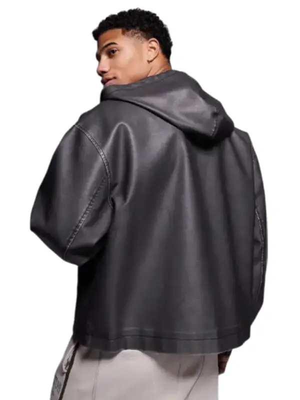 Oversized Faux Leather Jacket with Hood in Washed Black