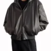 Oversized Hooded Black Leather Bomber Jacket