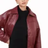 Womens Burgundy Cropped Leather Jacket