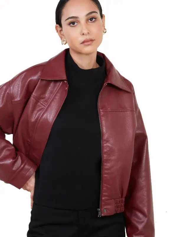 Womens Burgundy Cropped Leather Jacket