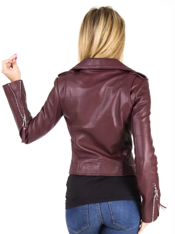 Women's Burgundy Cropped Leather Motorcycle Jacket
