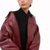 Womens Burgundy Leather Cropped Jacket